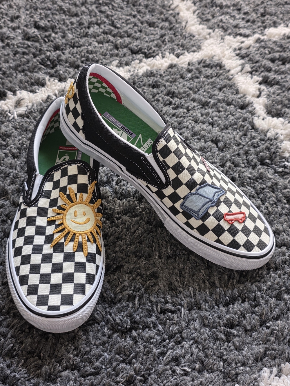Vans Checkerboard Slip-On Sneakers with Sunny & Patch Details Size 11